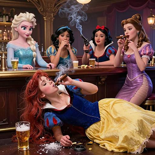 Digital art: Disney princesses in bar; red-haired girl passed out, smoking, others smoking and drinking; bar counter, glasses, smoke curling