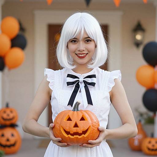 Photograph of a young Asian girl with white bob wig, white dress with black bow, holding carved orange pumpkin, Halloween-themed background with orange and black