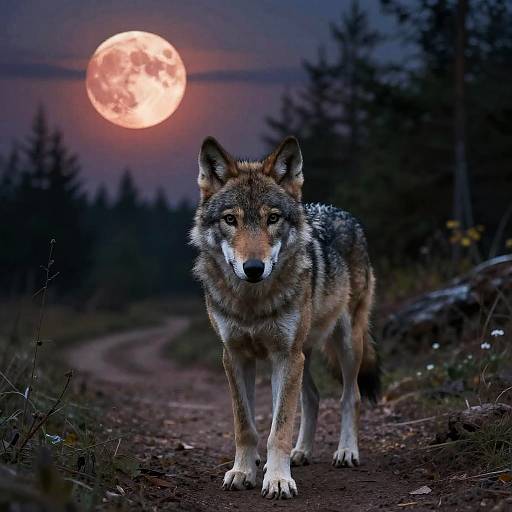 Gray Wolf Pup on Forest Trail at Blood Moon