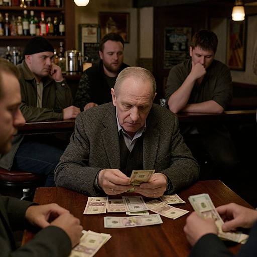 Photograph of five men in a dimly lit bar, focused on playing poker with euro banknotes on a wooden table.