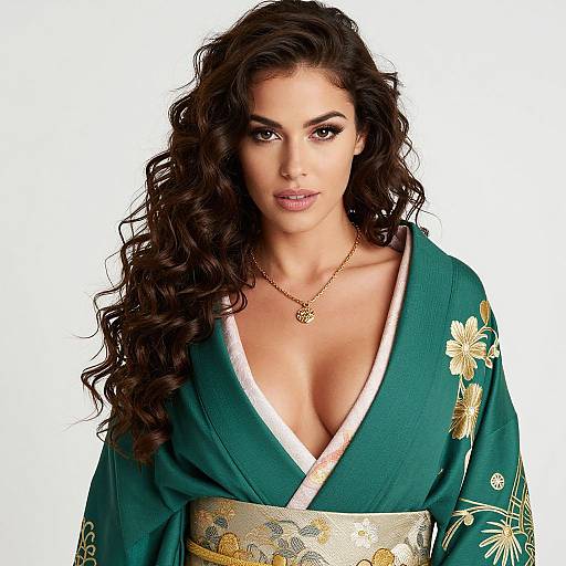 Photograph of a woman with long, curly dark hair, wearing a deep green kimono with white and gold floral patterns, white trim, and a