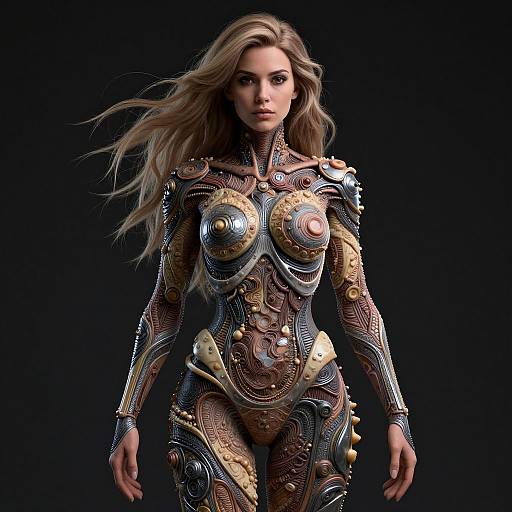 CGI image of a blonde woman in a metallic, steampunk-inspired bodysuit with intricate golden and silver armor-like patterns, standing against a