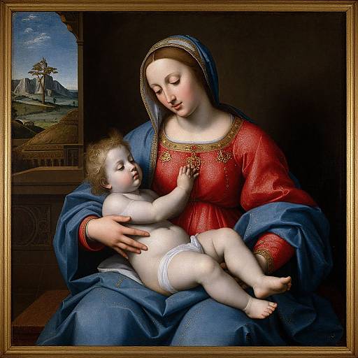 Renaissance painting of a fair-skinned woman in red and blue, cradling a chubby, nude baby with white diaper, against a dark