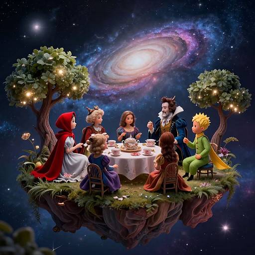 Fantasy illustration of Little Red Riding Hood's fairy tale characters having a starry galaxy tea party on a floating island with glowing trees and a spiral galaxy