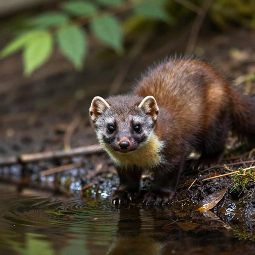 Realistic Pine Marten in Forest Reflection