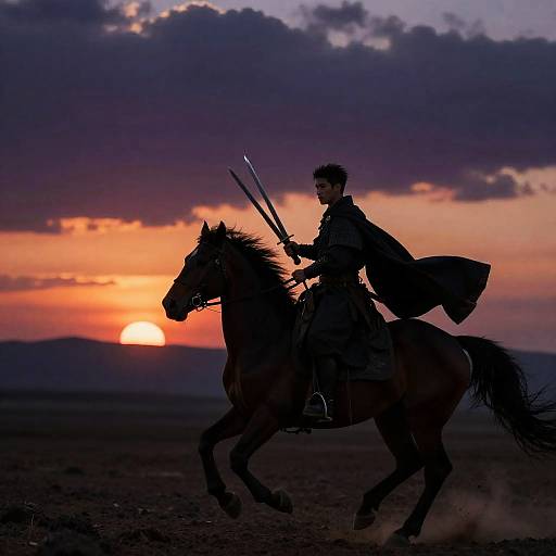 Intense Warrior on Galloping Horse at Sunset