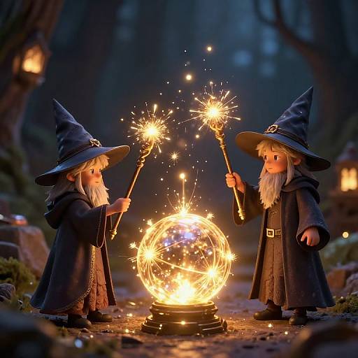 Photograph of two whimsical wizard gnomes with white beards, blue hats, and dark robes, sparking fireworks around a glowing, magical crystal