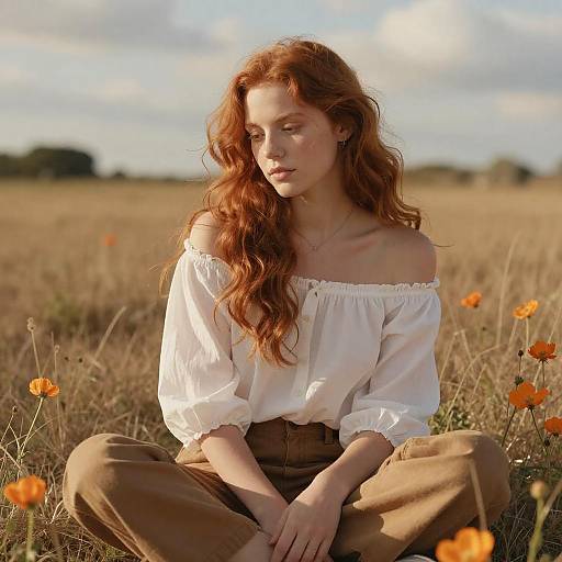 Pensive Redhead in Sunlit Grass Field