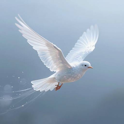 Photograph of a luminous white dove in mid-flight, wings spread wide, against a soft blue gradient background. Water droplets trail behind.