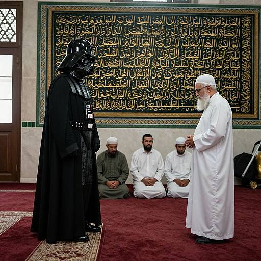 Photograph of Darth Vader in black costume standing before a bearded imam in white robes, with three seated men in traditional attire, in a mosque