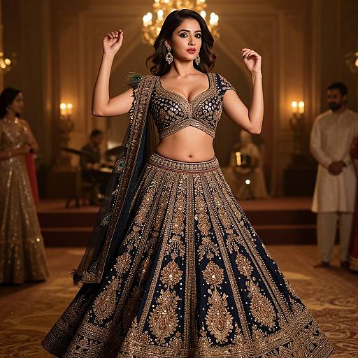 Photograph of a confident Indian woman in an ornate, gold-embroidered black lehenga and crop top, posing in a grand, warmly