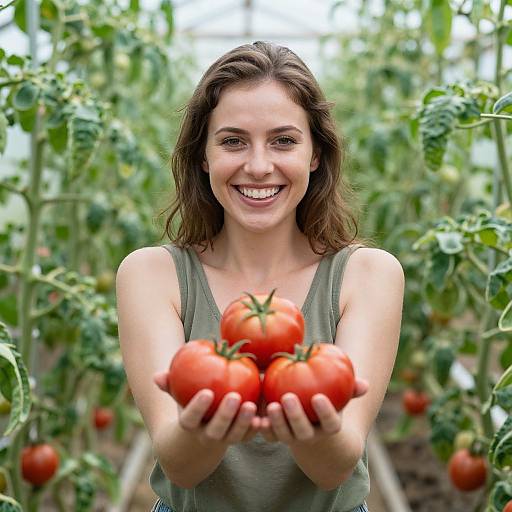 Smiling Woman with Vibrant Tomatoes
