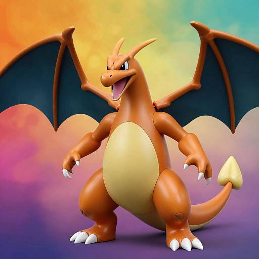 Digital artwork of Charizard, a muscular, orange, dragon-like Pokémon with blue wings, large claws, and a yellow belly, standing against a vibrant