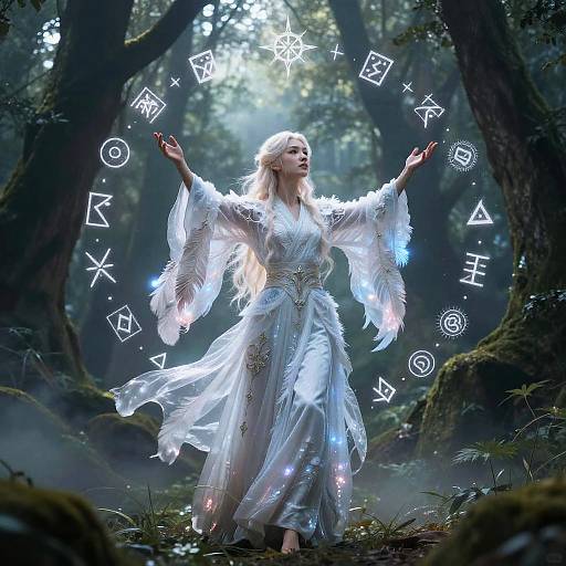 Photorealistic digital art of a blonde woman in a flowing, ethereal white dress, casting magical symbols in a misty forest.