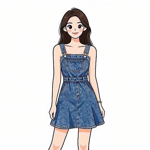 Smiling Woman in Denim Pinafore Dress