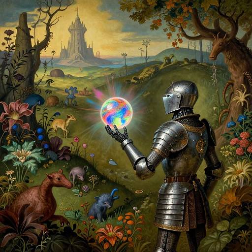 Digital painting: Armored knight holding glowing, rainbow-colored orb in fantasy landscape with colorful flowers, mythical creatures, castle in background, and yellow sunset.