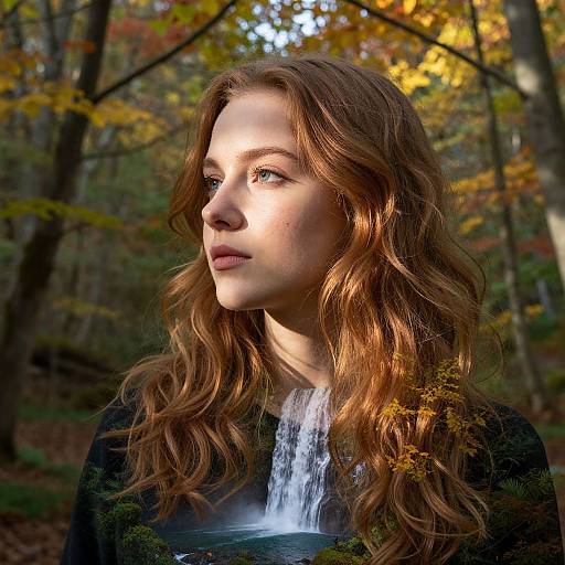 Photorealistic portrait of a young woman with wavy brown hair, looking upwards in a forest, sunlight illuminating her face, small waterfall behind her