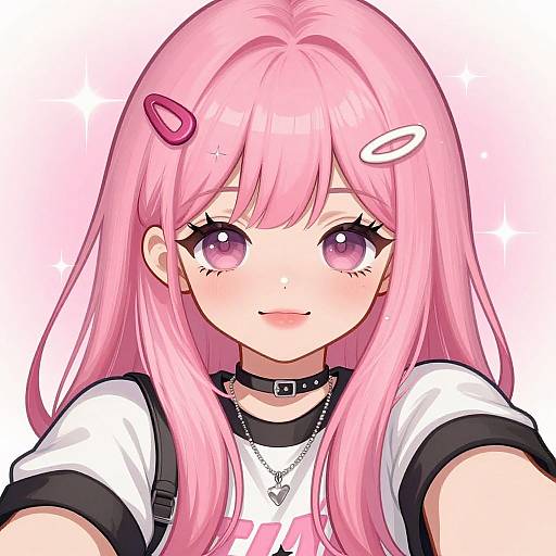 Digital anime-style portrait of a cute girl with long pink hair, purple eyes, and two hair clips, wearing a black choker and white shirt.