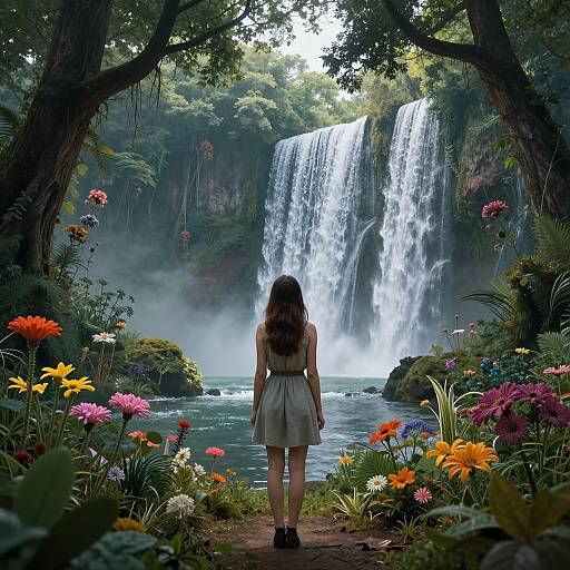 Photograph of a woman with long brown hair in a gray dress, standing before a lush, colorful garden, facing a majestic waterfall.