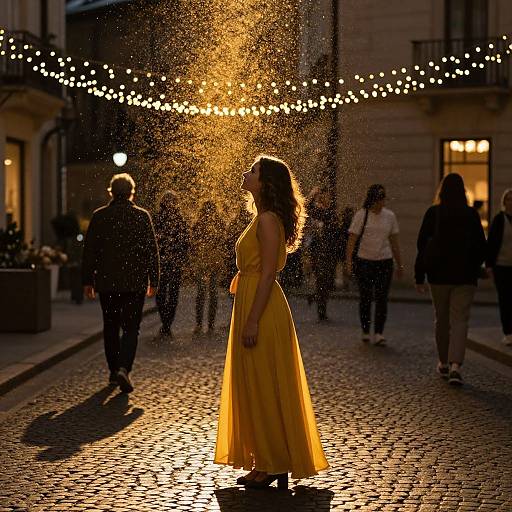 Photograph of a woman in a yellow dress standing under sparkling golden light, surrounded by string lights on a cobblestone street at night, with blurred