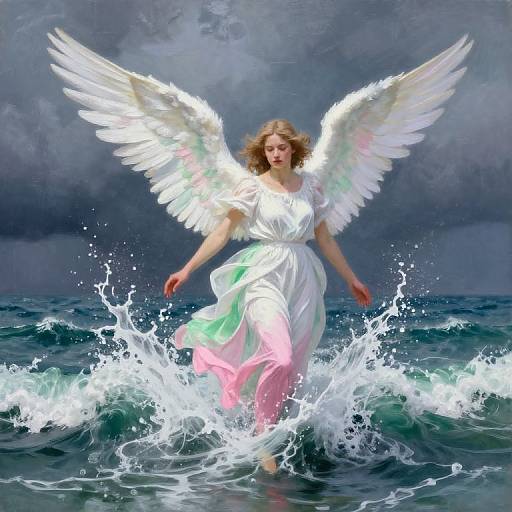 Digital painting of a blonde angelic woman with white wings and flowing white-gold dress, splashing through ocean waves under a stormy sky.