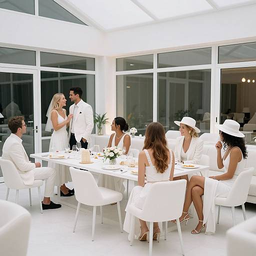 Photograph of a modern, all-white dining room with six elegantly dressed people, three men and three women, seated and standing around a long table