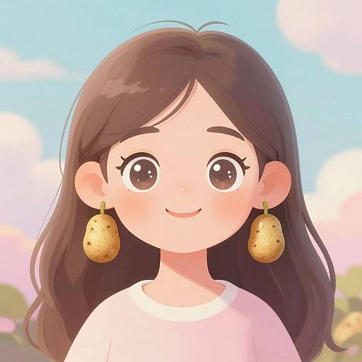 Digital anime-style drawing of a smiling girl with brown eyes, long brown hair, wearing white shirt and pear-shaped earrings, against a bright blue sky with