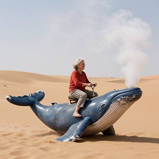 Photograph of an elderly man in a red shirt riding a blue inflatable whale through a desert with light brown sand and clear sky, white smoke rising from