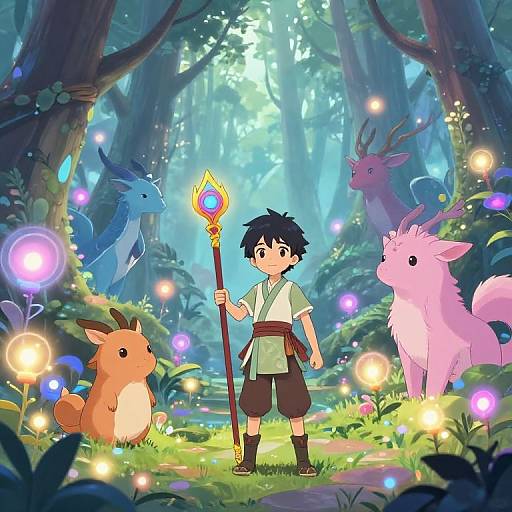 Digital anime-style illustration: A young boy with black hair and green kimono holds a glowing staff, surrounded by magical creatures and glowing fireflies in a