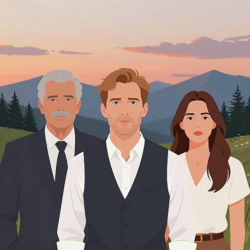 Serious Trio Against Sunset and Mountains