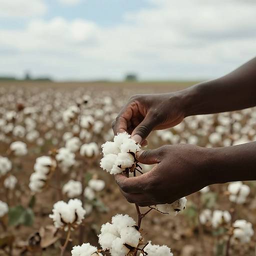 Photograph of dark-skinned hands gently holding a white cotton boll in a vast cotton field under a blue sky.