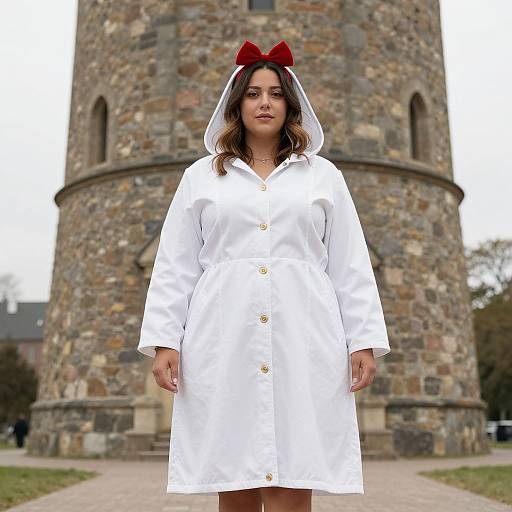 Photograph of a woman with olive skin and dark hair, wearing a white hooded coat and red bow, standing in front of a stone tower.