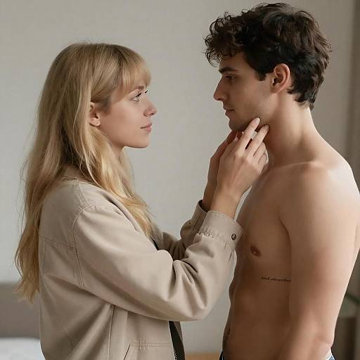 Tender Touch: Woman and Shirtless Man