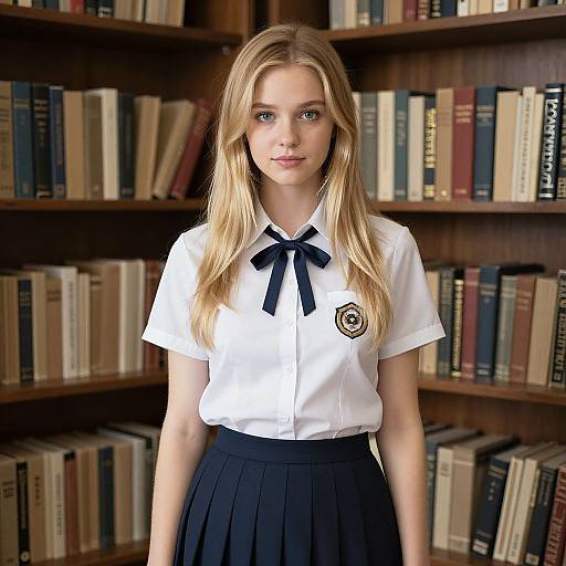 Photograph of a blonde, blue-eyed teenage girl in a white school shirt with navy ribbon, black pleated skirt, standing in a wooden bookshelf