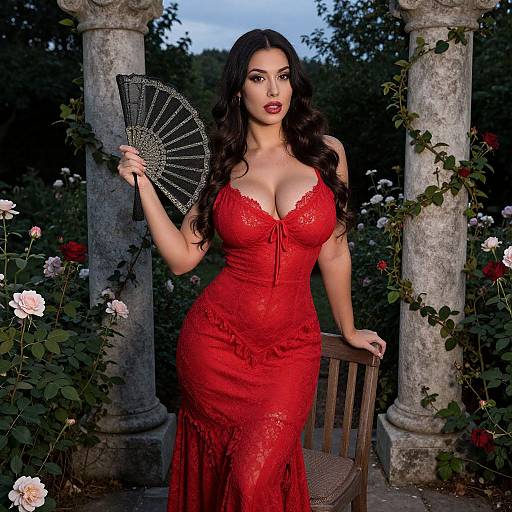 Photograph of a curvy woman with long dark hair, wearing a red lace dress and holding a black fan, standing in a garden with roses and