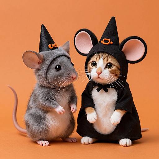 Photograph of a gray mouse and a calico cat dressed in black witch hats with orange bows, standing on an orange background.