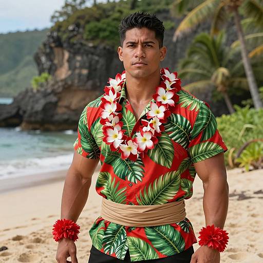 Muscular Man in Hawaiian Costume on Beach