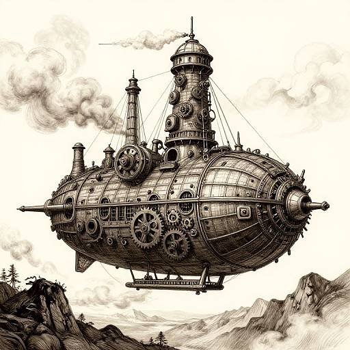Intricate black-and-white drawing of a steampunk airship with gears, clock towers, and propellers, floating over mountainous terrain.