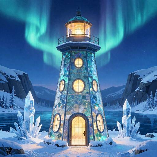 Enchanted ice lighthouse under northern lights, glowing warmly with illuminated windows, surrounded by crystalline ice formations, in a snowy, mountainous night