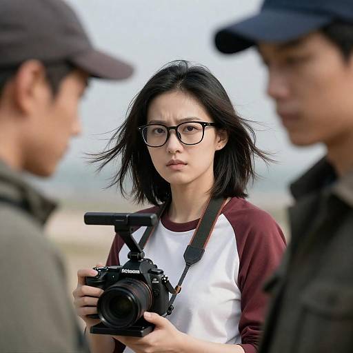 Determined Woman with Camera in Motion