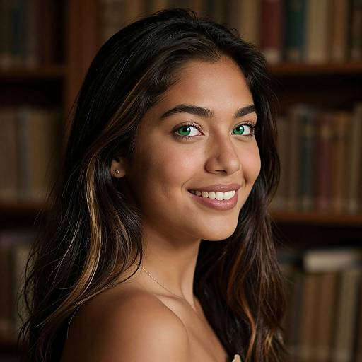 Photograph of a smiling young woman with long, wavy dark brown hair, green eyes, and medium skin tone, standing in front of a blurred