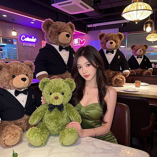 Photograph of an Asian woman in a green satin dress, seated at a bar table with six teddy bears in tuxedos, neon signs