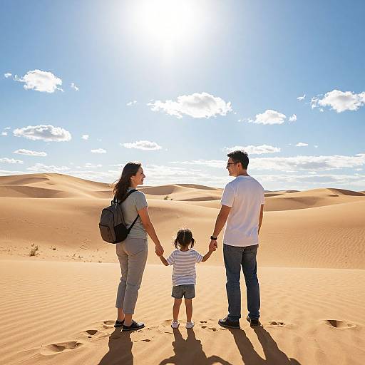 Photograph of a family standing in a sunny desert, holding hands; mother, father, and child, with bright blue sky and white clouds.