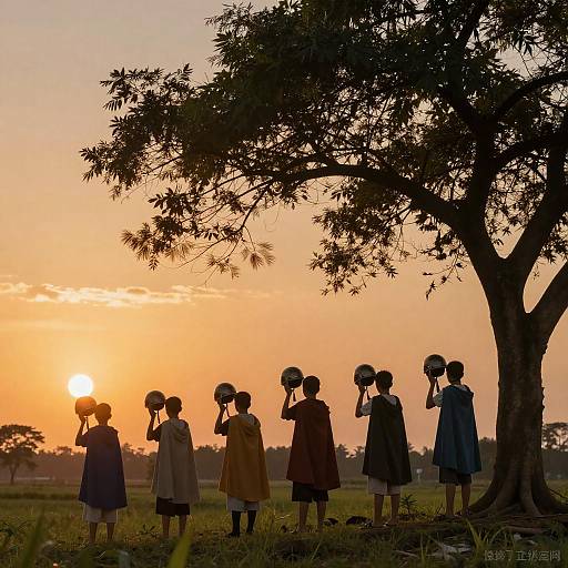 Boys Holding Helmets at Sunset Under Tree