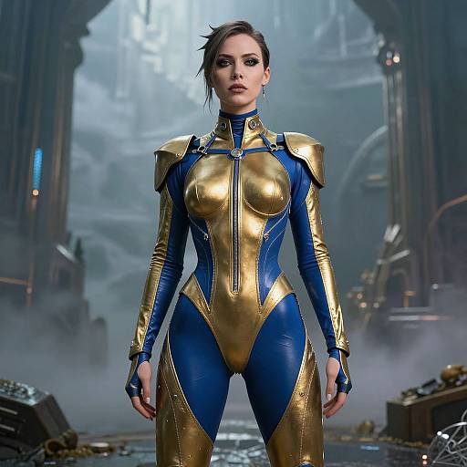CGI image of a confident woman in a blue and gold armored bodysuit, standing in a misty, futuristic industrial setting.