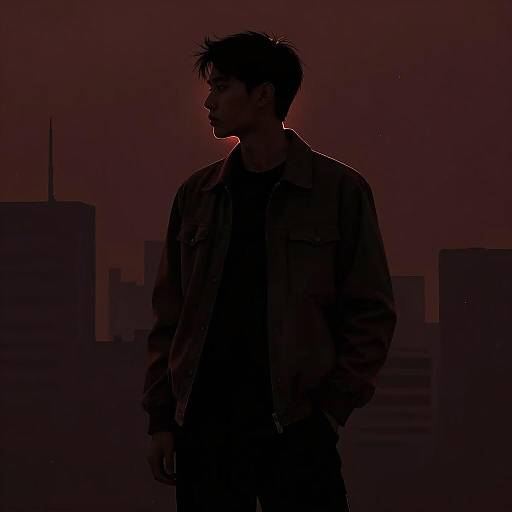 Silhouetted Young Man Against Urban Sunset