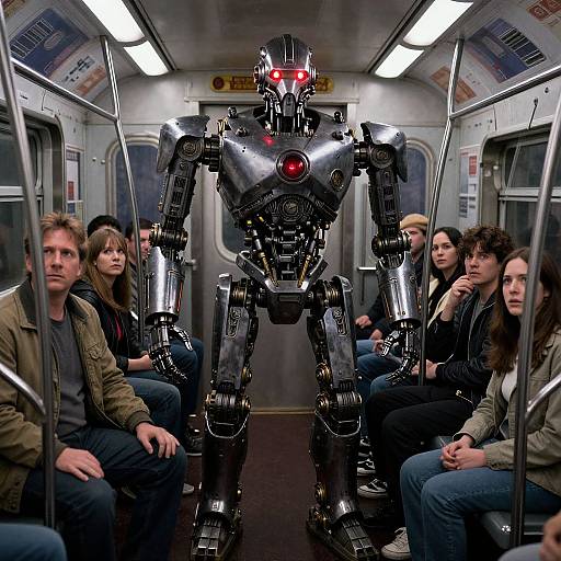Photograph of a shiny, red-eyed metallic robot standing in a subway car, surrounded by six diverse, casually dressed passengers.