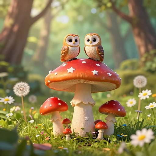 Whimsical digital artwork of two cartoon owls perched on a red, star-patterned mushroom in a sunlit, forest meadow.
