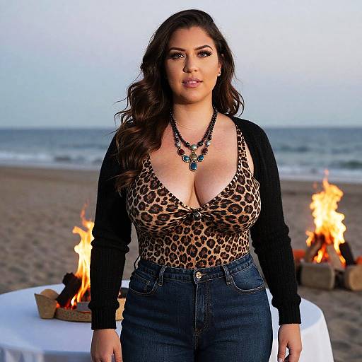 Photograph of a curvy woman with long dark hair, wearing a low-cut leopard print top, black cardigan, and blue jeans, standing on