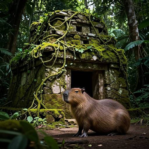 Photograph of a brown beaver with dark eyes, standing in front of a moss-covered, ancient stone ruin in a dense, lush jungle.